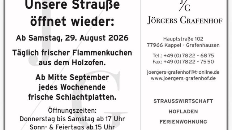 Der Holzofen brennt wieder: Strau&szlig;wirtschaft in Kappel-Grafenhausen startet